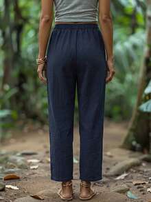 (Non-Localized Printing) Women's Botanical Print Casual Pants - Navy Blue - View 4