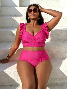 Swim Vcay Conjunto de bikini de talla grande 2026 con volantes en el frente cruzado en color rosa neón sólido - Rosa Fucsia - Ver 1