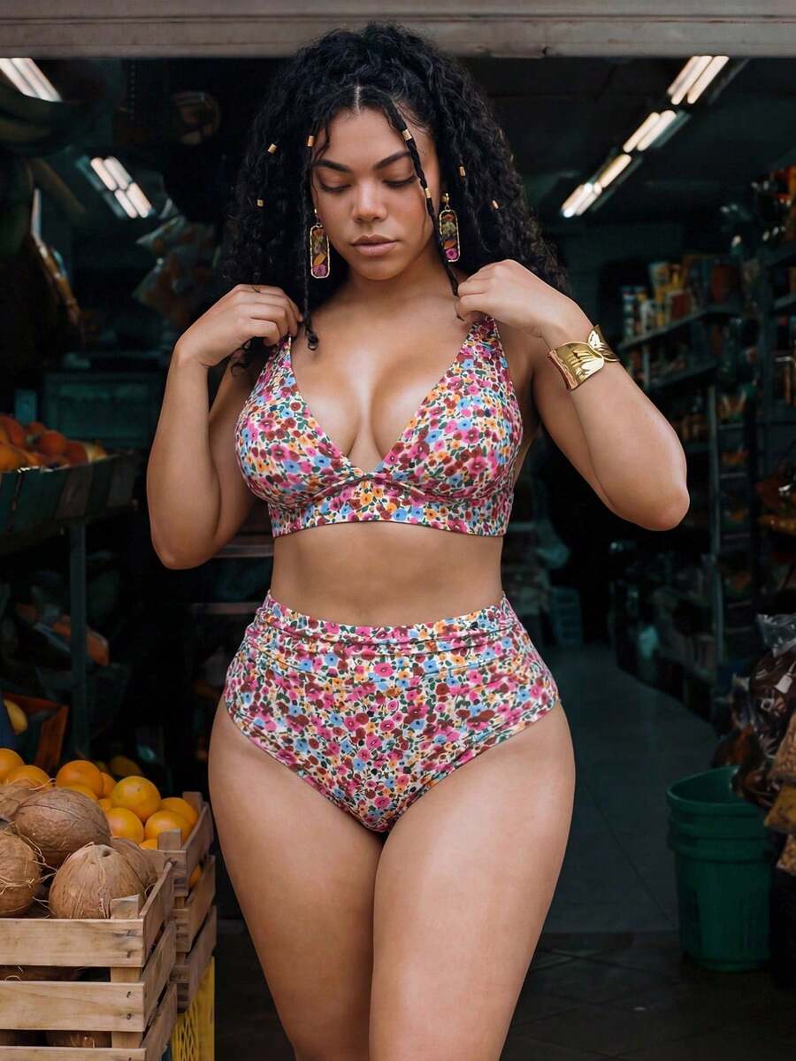 Swim Mod Conjunto de 2 piezas de traje de baño casual de talla grande 2026 con estampado aleatorio y cintura alta fruncida - Multicolor - Ver 1