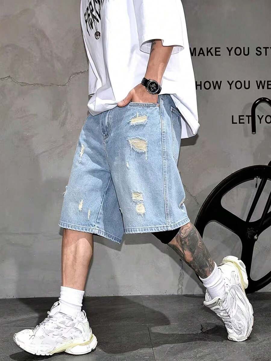 Pantalones cortos de mezclilla desgastados y lavados de moda callejera de verano para hombres - Lavado ligero - Ver 1