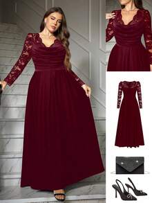 Vestido elegante de manga larga con encaje de contraste y diseño plisado para mujer de talla grande - Burdeos - Ver 1