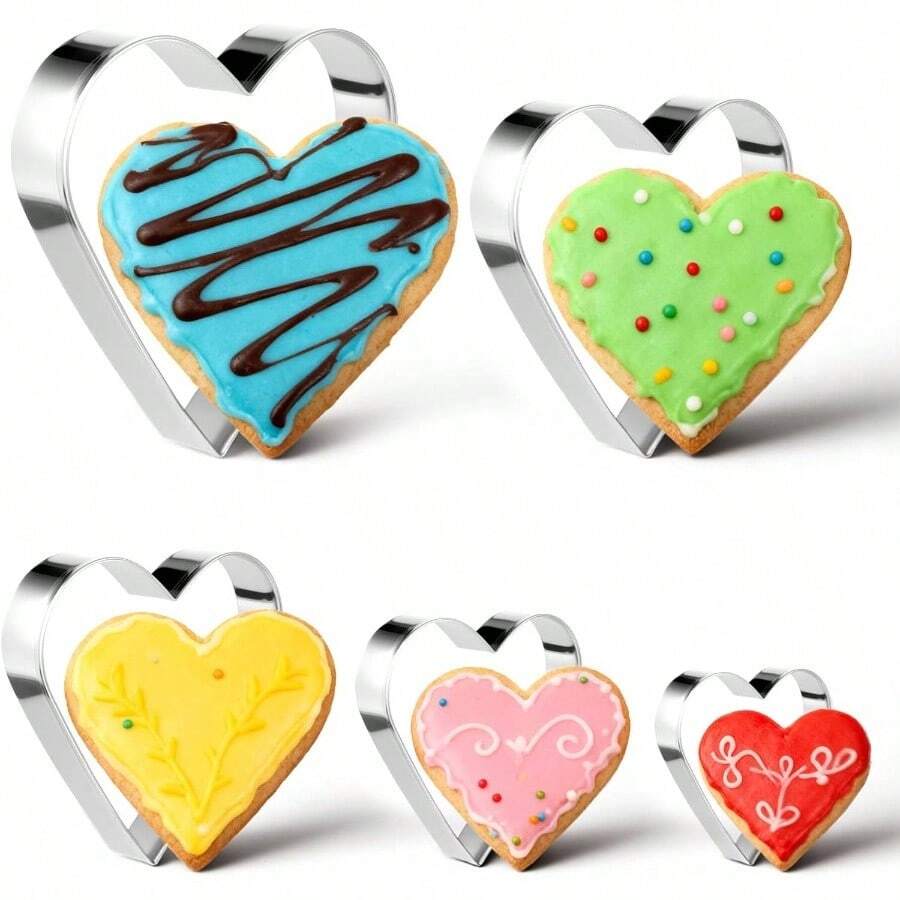 5 PCS Heart Shaped Cookie Cutter Heart Cookie Cutters, 5 Size Stainless Steel Lover Small Biscuit Cutters Valentine's Day, Weddings, And Anniversaries - Silver - View 1
