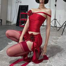 Women Summer Skirts Outfits Solid Color Flower Boat Neck Off Shoulder Tops Ruffles Mini Skirts 2 Pieces Clothes Set - Red - View 1