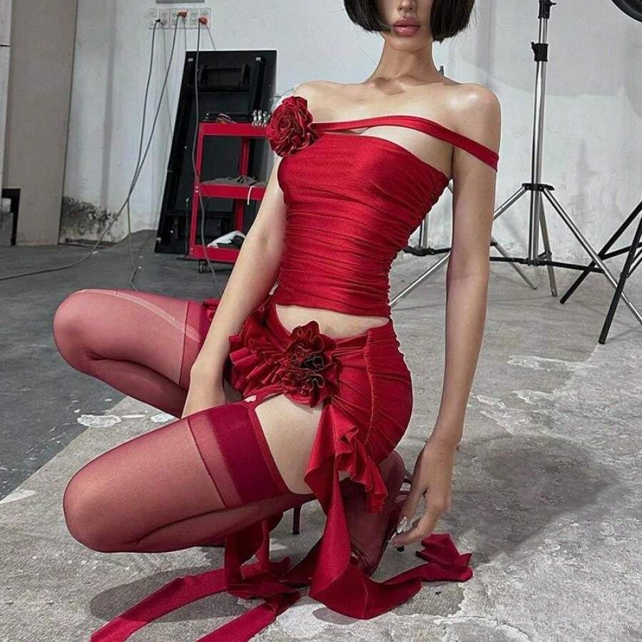 Women Summer Skirts Outfits Solid Color Flower Boat Neck Off Shoulder Tops Ruffles Mini Skirts 2 Pieces Clothes Set - Red - View 1