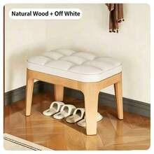 Solid Wood Button-Tufted Upholstered Shoe Bench, Soft Padded Backrest Entryway Shoe Changing Stool, Minimalist Low-Profile Shoe Bench, Multi-Functional Hallway Bedroom Living Room Furniture - Natural Wood Color + White - View 1