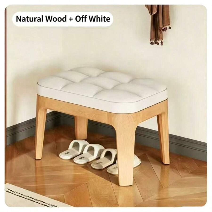 Solid Wood Button-Tufted Upholstered Shoe Bench, Soft Padded Backrest Entryway Shoe Changing Stool, Minimalist Low-Profile Shoe Bench, Multi-Functional Hallway Bedroom Living Room Furniture - Natural Wood Color + White - View 1