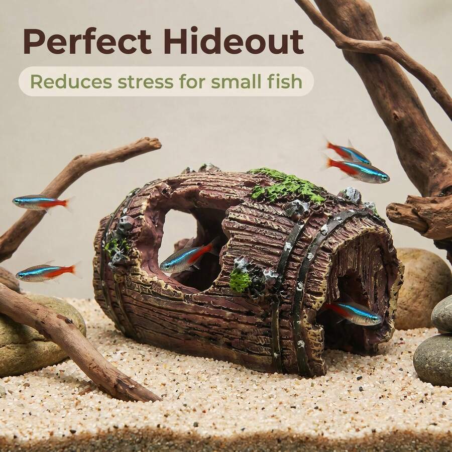 Vintage Moss Covered Broken Barrel Cave Aquarium Ornament For Nature Style Planted Tank Reptile Terrarium Decor - Happy Aquarium - View 1