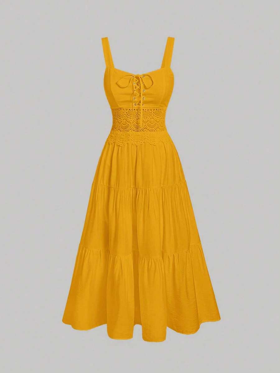 MOD Solid Color Strappy Dress With Drawstring Hem And Ruching - Yellow - View 1