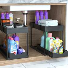 Black Multifunctional Storage Shelf,2 Layer Sliding Under Sink Cabinet Organizer Equipped With Hooks And Storage Cup,Indoor Space Saving Daily Sorting Rack,Wide Compatibility For Kitchen Countertop,Bathroom Cabinet,Pantry Storage Room - Black - View 11