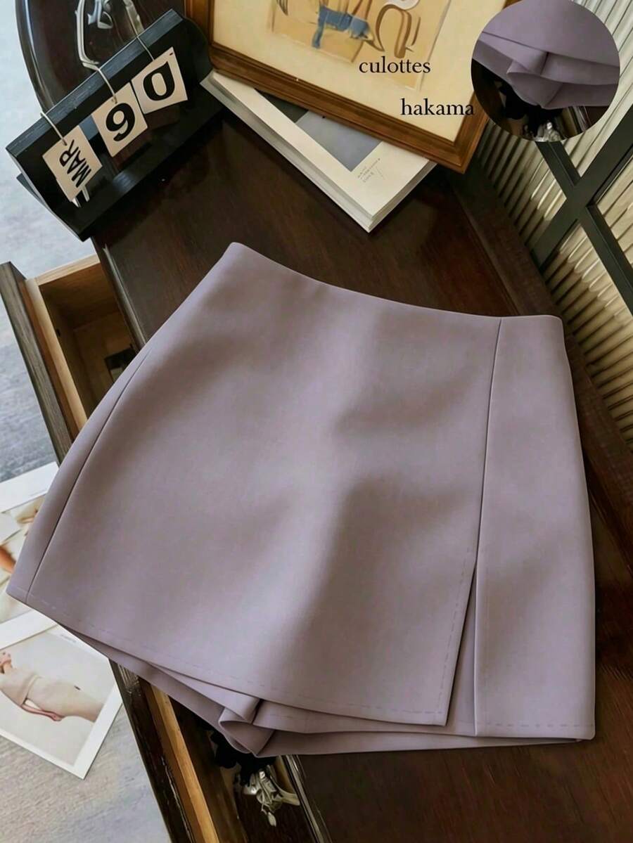 Women's High-Waisted Shorts/Skirt/Culottes Made Of Soft, Textured Fabric With A Slit, Versatile For Work Or Casual Wear, In Grey, For Spring/ - 駝色 - 查看 1