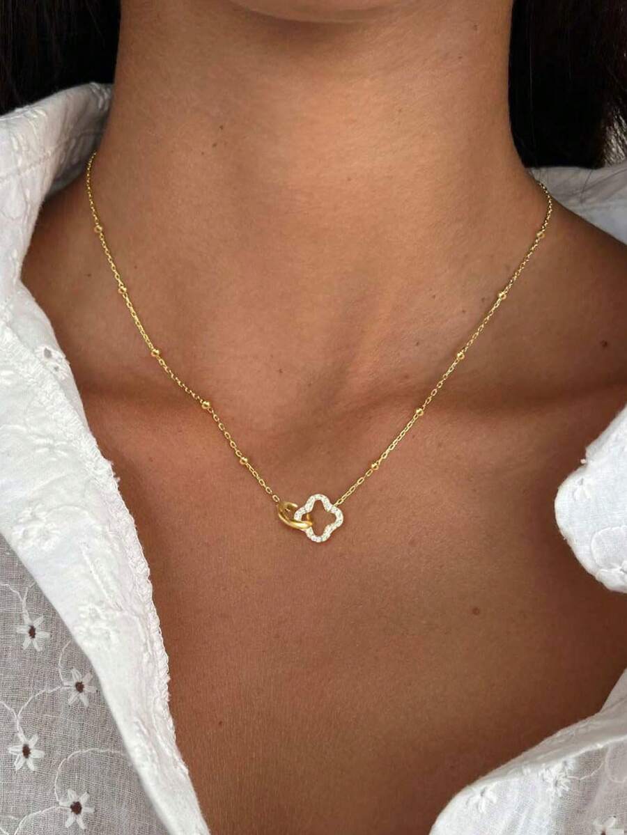 女款三葉草項鍊,精緻 14K 金鍍金吊墜項鍊,簡約可愛不褪色金項鍊,女性珠寶 - 金色 - 查看 1