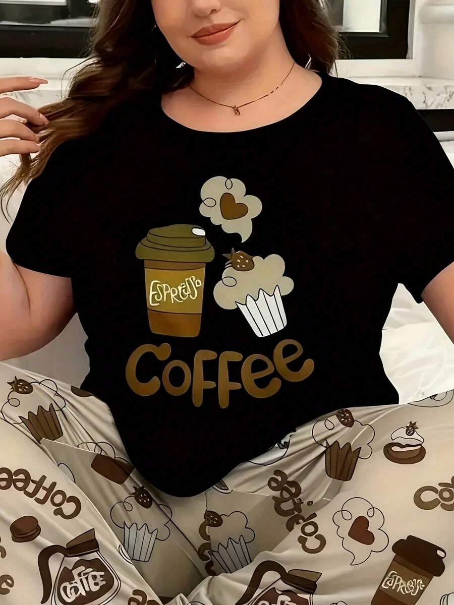 Women's Clothing Short Sleeve T-Shirt For Women With White Coffee Cup And Muffin Print, Comfortable Sleepwear, Casual Home Wear, Round Neck, Women's Shirts - 黑色 - 查看 1