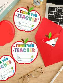 8 sets de tarjetas de agradecimiento con forma de manzana con temática de profesor, impresiones de mensajes de agradecimiento coloridos 'gracias profesor', incluye sobre, regalo del Día del Maestro, tarjeta de agradecimiento de graduación, envoltura de regalo de cumpleaños del profesor, saludo de regreso a clases o regalo grupal de la clase. - manzana - Ver 2