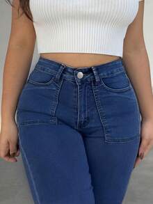 Autumn Fashion Women's Plus Size High Stretch Washed Denim Straight Leg Pants, Casual Daily Wear - Blue - View 7