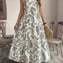Vestido casual de vacaciones y citas con cuello en V, cintura fruncida y estampado de flores de anacardo para mujer - Blanco y Negro - Ver 5