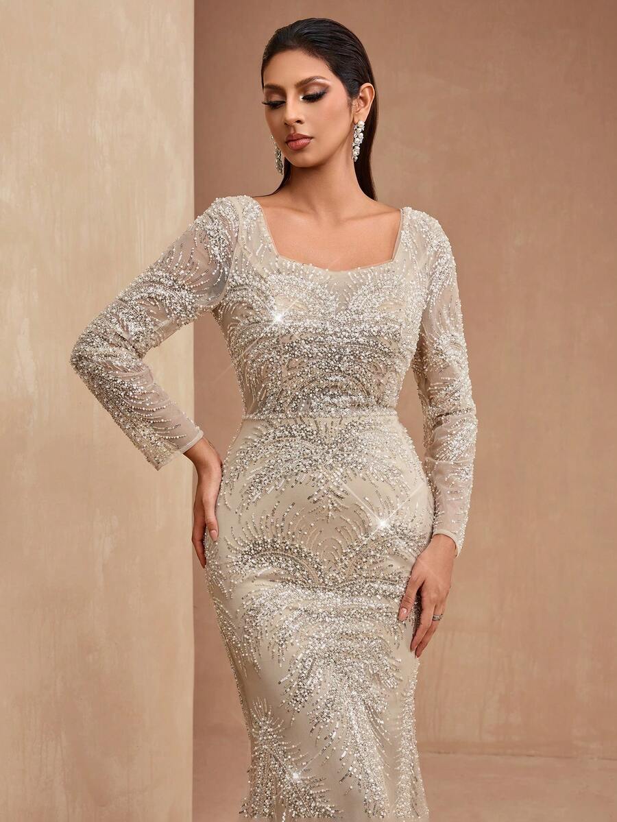 AMILUCK Women's Elegant Luxury Sequin & Pearl Decorated Square Neck Long Sleeve Back Tie Long Fitted Mermaid Evening Gown, Suitable For Formal Dinner, Party, Wedding Guest