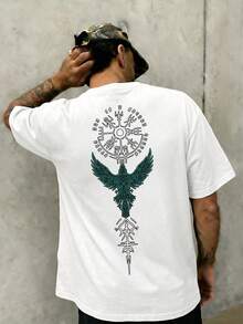 FRACTYR Men's Summer Casual Street Style Washed Black T-Shirt, Nordic Mythology Rune Print, Loose Fit Graphic Round Neck Short Sleeve Tee - White - View 2