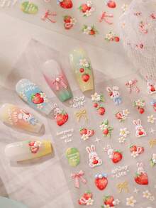 1pc 5D Pearl Cute Rabbit Strawberry Nail Art Stickers, Exquisite Cartoon Rabbit Strawberry Flower Nail Decoration Decals DIY Accessories - Multicolor - View 4