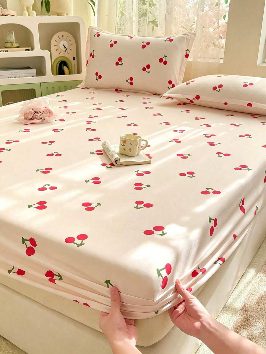 3 Pieces Bedding Set, White With Cherry Pattern, Soft And Comfortable Bedding Set Including 1 Fitted Sheet And 2 Pillowcases, No Filling, Suitable For Dorm, Bedroom Home Use, Multiple Sizes Available - White - View 1