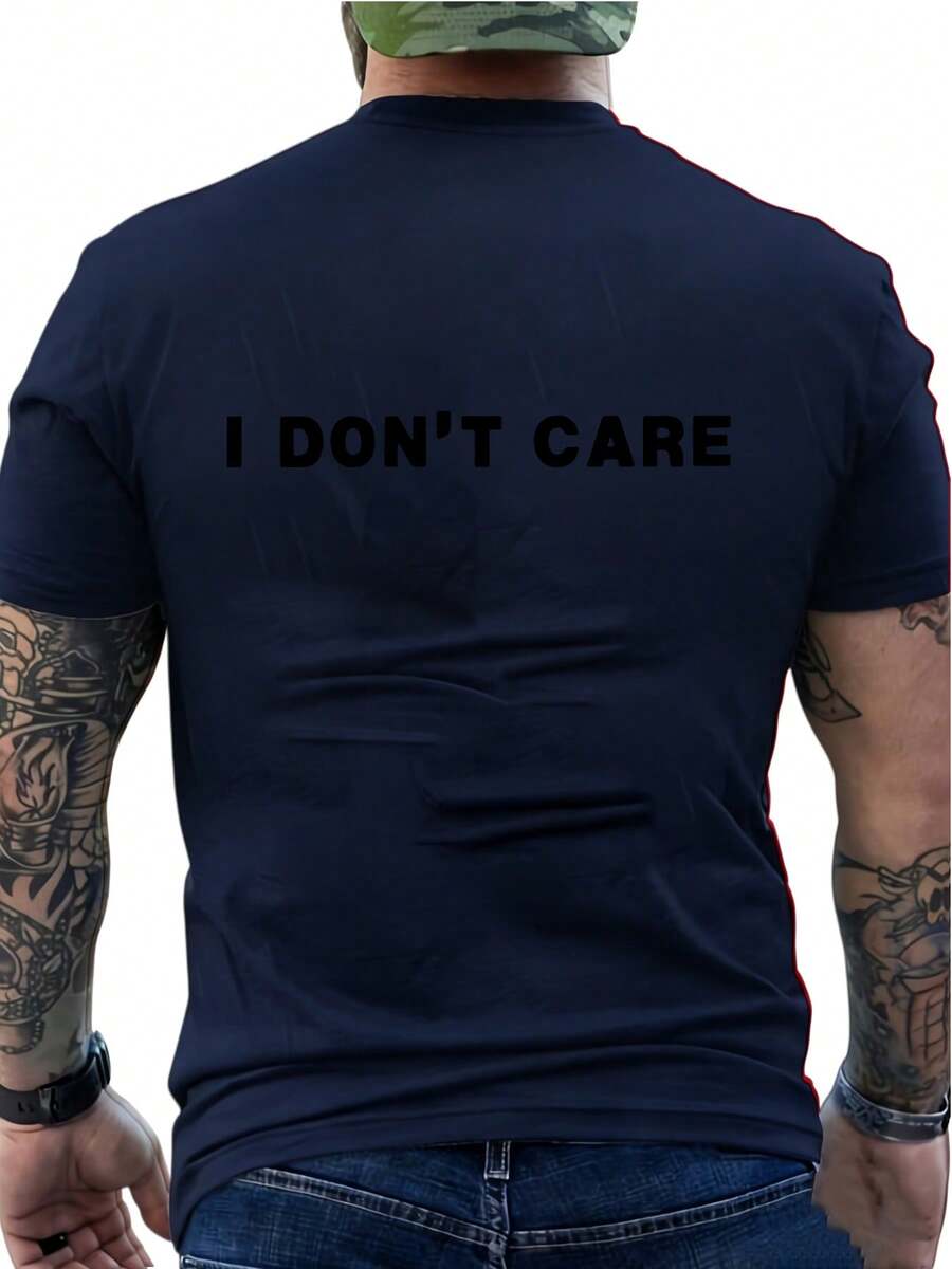 New Casual Printed T-Shirt % Cotton - Men's T-Shirt With I Don'Care Print - Bold And Eye-Catching Vintage Style, With Unique Slogan Print, Breathable And Moisture-Wicking, % Polyester, Crew Neck And Short Sleeves, Suitable For Summer Sports, Style-Hop And Everyday Casual Wear - Unisex. - 藏青色 - 查看 1