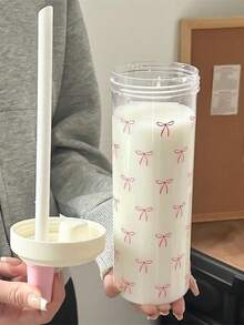 500/700ml 大容量咖啡杯，簡約粉色蝴蝶結塑膠水杯附蓋與吸管，運動水杯，可重複使用派對飲用杯，返校用品 - 彩色 - 查看 12