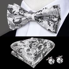 Grey Floral Jacquard Men Bow Tie Pocket Square Cufflinks Ring 4Pcs Set, Random Cufflink Pattern, Wedding Business Holiday Formal Accessories - Grey - View 3