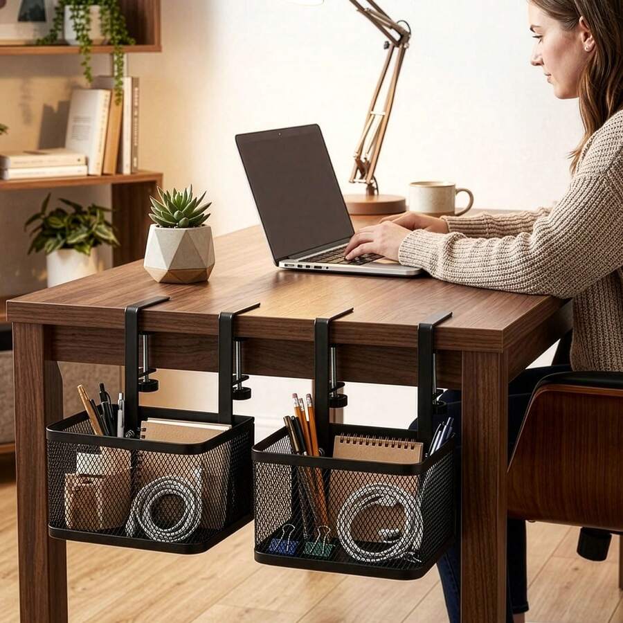 Under Desk Cable Management Tray 16cm Clamp-On Desk Organizer, Metal Wire Basket - Black - View 1
