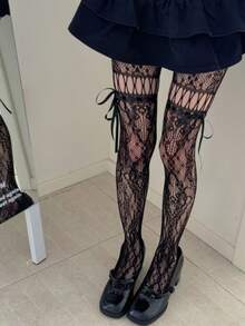 1雙鏤空蕾絲過膝長襪，蝴蝶結透視網襪，彈性透膚女款絲襪 - 彩色 - 查看 5
