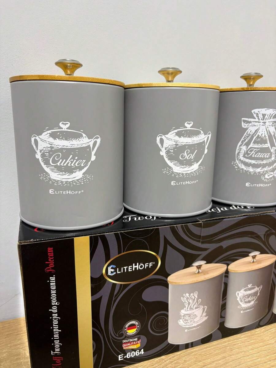 实用厨房收纳盒四件套,分别用于存放糖、咖啡、茶叶和盐 - 灰色 - 查看 1