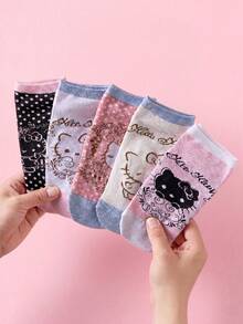 Noctvar OBM Sleepwear X Hello Kitty 5雙 Hello Kitty 踝襪，可愛卡哇伊貓咪圖案，柔軟舒適，透氣，適合夏季多用途，適用於學生/成人，中性禮物 & 日常穿著 - 彩色 - 查看 2