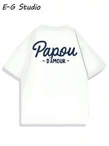 T-shirt homme coton blanc écriture cursive bleu marine "Papou d'amour", tee décontracté pour grand-père toutes saisons - Weiss - Übersicht 2