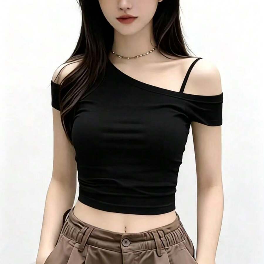 女款黑色露肩無袖短版上衣,修身夏季T恤,休閒透氣 - 黑色 - 查看 1