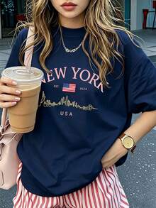 Camiseta de mujer de verano de ajuste holgado con cuello redondo y manga corta, con estampado de eslogan simple, estilo casual de vacaciones. Blusa de moda apta para uso diario y de vacaciones. - Azul marino 2 - Ver 1