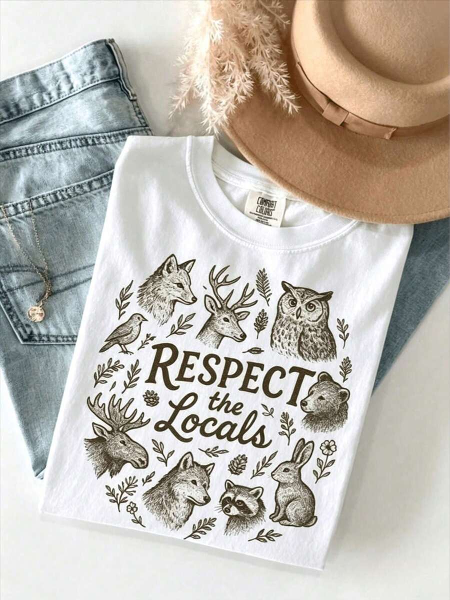 Minimalist. 100% Cotton. 1pacArtsadd National Park T-Shirt, "Respect The Locals" T-Shirt, Camping T-Shirt, Gift For Camping Lovers, Wild Animal Top, Women's Nature Themed T-Shirt, Casual Cotton Round Neck T-Shirt For Spring And Summer, Unisex 100% Super Soft Cotton Oversized T-Shirt, Breathable Summer T-Shirt - Perfect Gift For Easter, St. Patrick's Day, Valentine's Day, Mother's Day For Mom, Couple, Family And Friends. Spring Summer Top - White - View 1