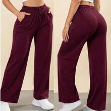 Women's Maroon Drawstring Wide Leg Pants, Fabric Medium Stretch For Casual Fall Outfits - Burgundy - View 2