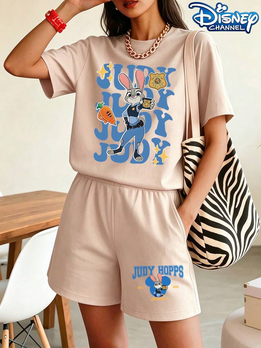 Disney Zootopia Judy Hopps Printed Casual Set, Breathable Summer T-Shirt & Shorts Two-Piece Outfit, Loose & Comfortable For Home, Sports & Daily Wear, Unisex Couple Style, Perfect Gift Choice, Local Warehouse Fast Shipping & Quick Arrival - 杏色 - 查看 1