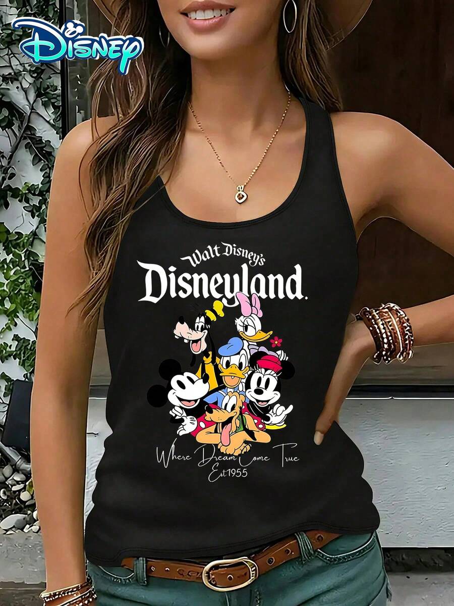 Disney Official Authorization | Women's Casual Round Neck Sleeveless Vest. Taking Disneyland As The Theme, Paired With Character Groups Such As Mickey Mouse And Minnie Mouse And The Word "Disneyland", It Is Classic And Full Of Retro Atmosphere. It Is A Commemorative Item For Theme Park Travel And An Ideal Choice For Showcasing American Retro Style. - màu đen - Xem 1