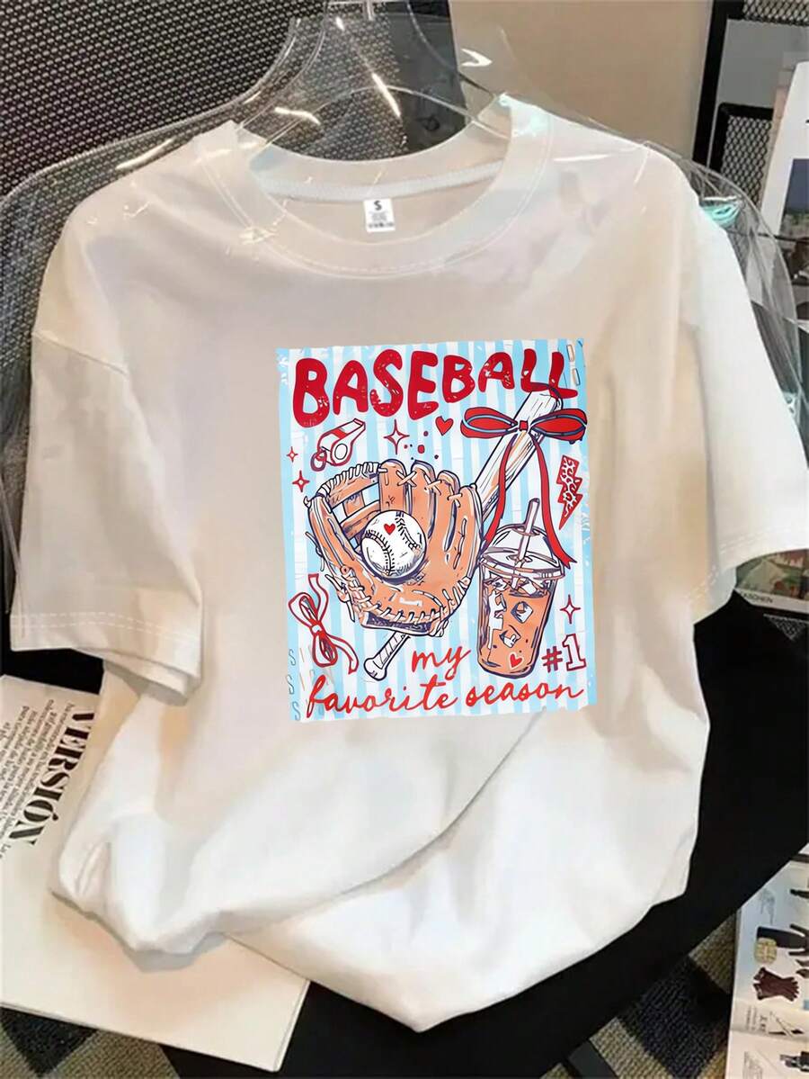 Top de mujer de manga corta y cuello redondo con estampado de guante y pelota de béisbol, apto para todas las estaciones. - Blanco - Ver 1
