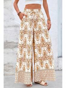 [Free Shipping]Women Wide Leg Pants Casual High Waist Floral Palazzo Pants For Women Flowy Lounge Boho Beach Trousers Pockets Women's Wide Leg - 卡其色 - 查看 2