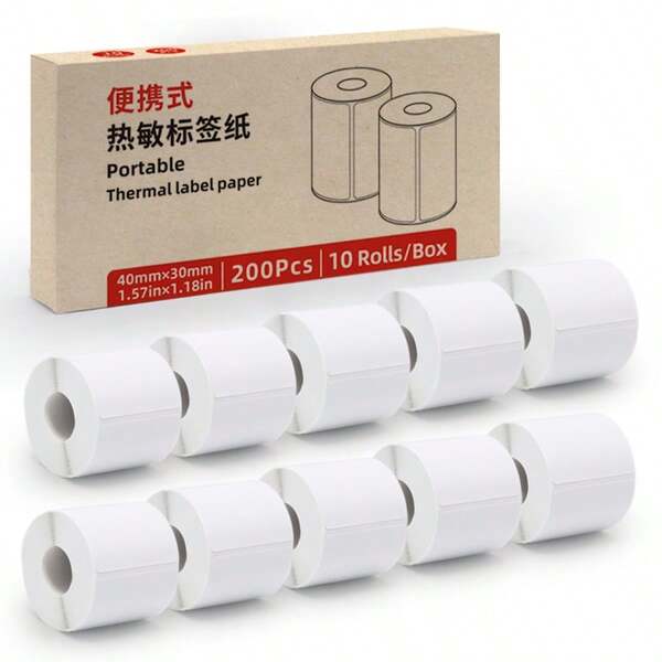 10 捲 40*30mm 自黏式熱敏標籤紙，1.57 X 1.18 英吋白色每捲 200 張貼紙，防水，永久黏著，多用途價格條碼、禮品、品牌、地址標籤，相容於 M221/M110/M200/M120/M220/B3S/B11 小型標籤印表機，適用於學校、家庭、商業、超市列印貼紙