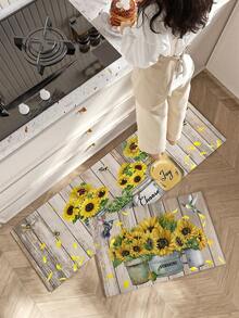 1pc Sunflower Kitchen Rug Mat, Rubber Material Kitchen Decor Sunflower Pattern, Farmhouse Style Anti-Fatigue Non-Slip Mat, Washable Standing Mat, Life Laugh Love Theme Kitchen Rug - Multicolor - View 5
