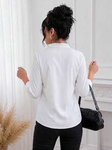女款白色立領七分袖襯衫，優雅簡約商務上衣，適合夏季度假、辦公室工作、派對、畢業典禮及日常外出穿搭 - 白色 - 查看 3