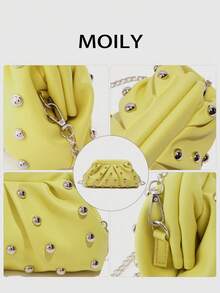 1pc Fashionable Yellow Women's Lightweight PU Leather Crossbody Bag, Decorated With Eyelet, Rivet And Pleats, Detachable Chain Strap Convertible To Clutch, Suitable For Work, School, Shopping, Dating, Travel And Outdoor Activities, Great Gift - Yellow - View 4