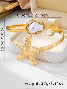 1件創意時尚新款海星開口巴洛克仿珍珠手臂飾圈，優雅女款夏季海灘度假派對舞會婚禮休閒音樂節假期禮物手臂飾品，精靈服裝、美人魚配件 - 金黃色+白色 - 查看 5
