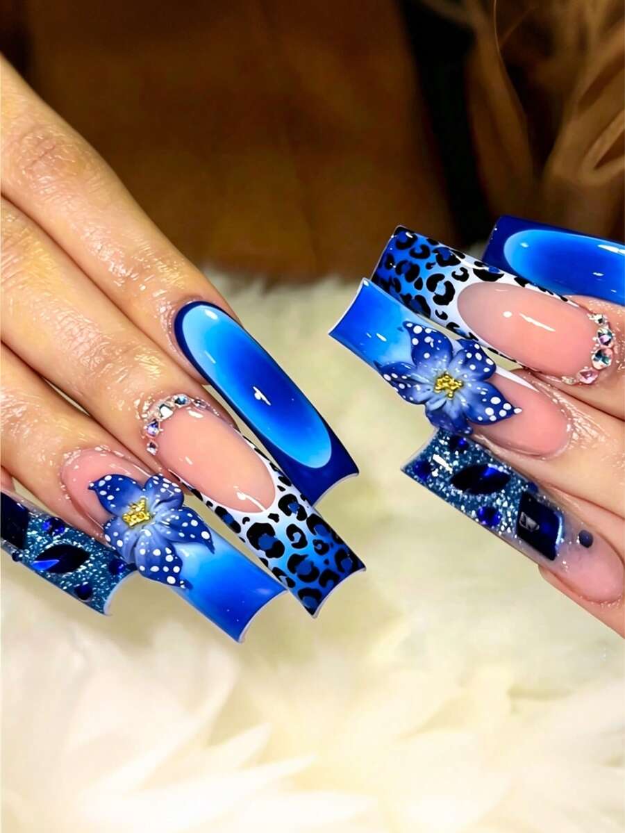 Long Square Glossy Artificial Nails With Design Pattern, Extra Long Fake Nails With Decorations, Suitable For Women - Multicolor - View 1