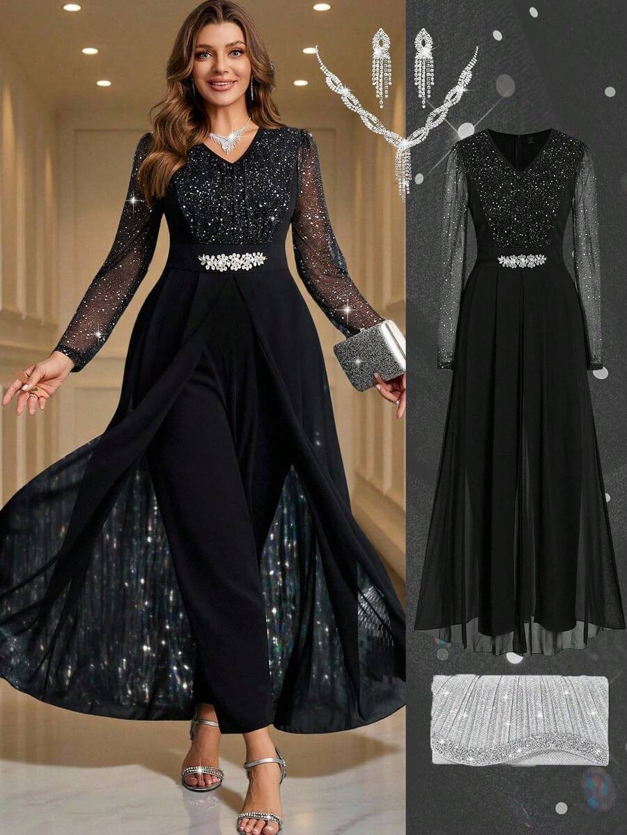 Mono elegante de manga larga con cuello en V de encaje con contraste, decorado con cristales de cintura para mujer de talla grande - Negro - Ver 1