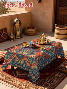1/2pcs Tablecloth, Geometric Pattern Tablecloth, Polyester Material, Suitable For Kitchen, Dining Room, Coffee Table, Dining Table, Round Or Square Optional, Ideal For Picnic, Camping, Country Farmhouse Decor, Colorful Diamond Pattern Star Design, Perfect For Table Protection And Holiday Decoration - Multicolor - View 7