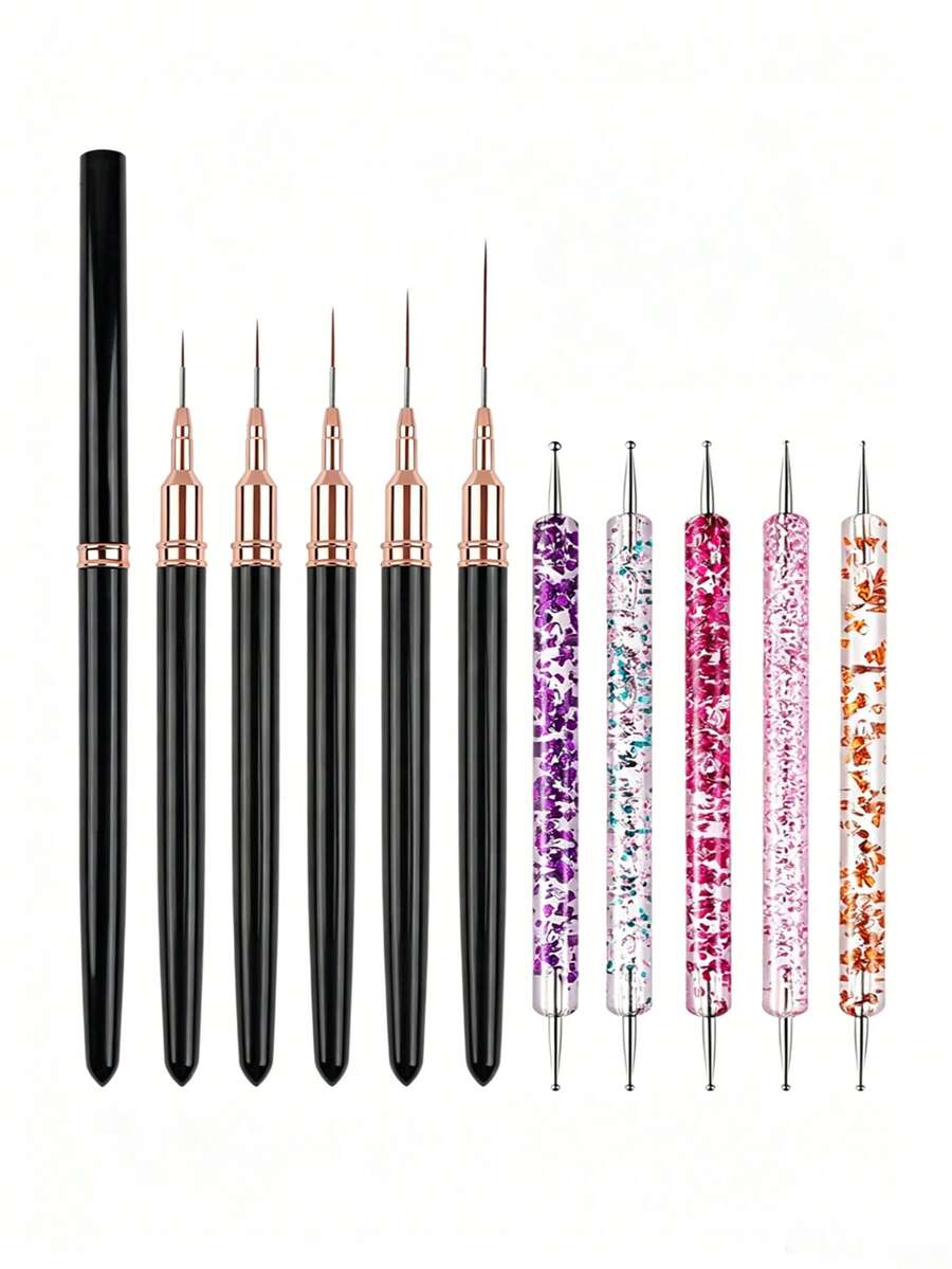 10-Piece Nail Art Brush Set, Nail Art Brush, Nail Art Design Pen, Drawing Liner Brush, Dual-Ended Nail Dotting Pen, UV Gel Nail Art Design Pen, Nail Dotting Pen Set, Dual-Ended Nail Liner Brush, Suitable For Home And Professional Nail Salons - Black - View 1