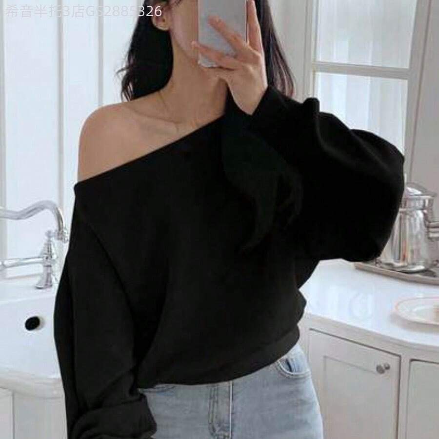 Yunuo Menswear Camiseta de manga larga con hombros asimétricos, ajuste holgado y unicolor, top casual y lindo para mujer - Negro - Ver 1