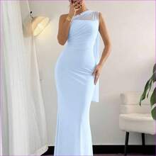 . .  Vestido maxi ajustado de estilo elegante y romántico, con cuello asimétrico, adecuado para fiesta, vacaciones en la playa, vuelta al colegio, citas románticas, temporada de bodas, cumpleaños, Pascua, primavera/verano - Rosa - Ver 5